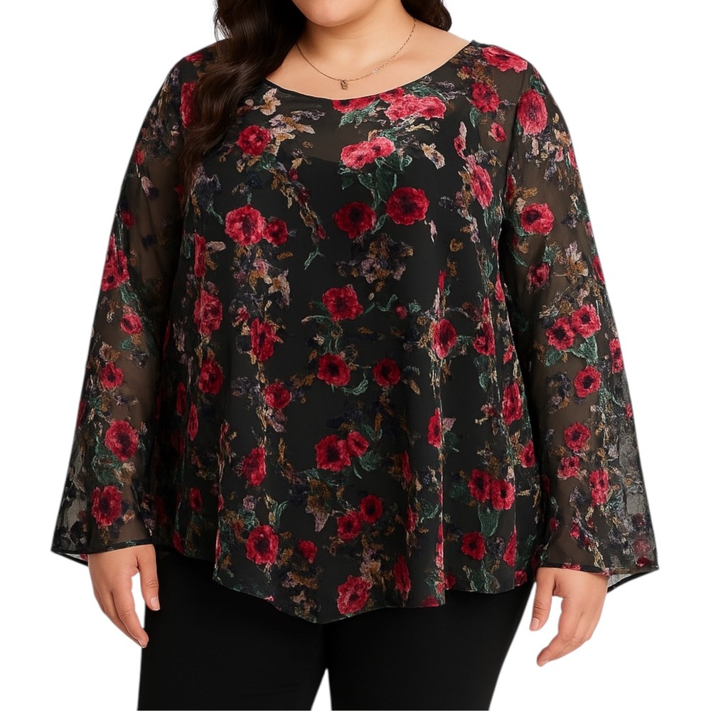 Dalia Floral‎ Velvet Burnout Blouse Black Multicolor Semi Sheer Top 1X Womens